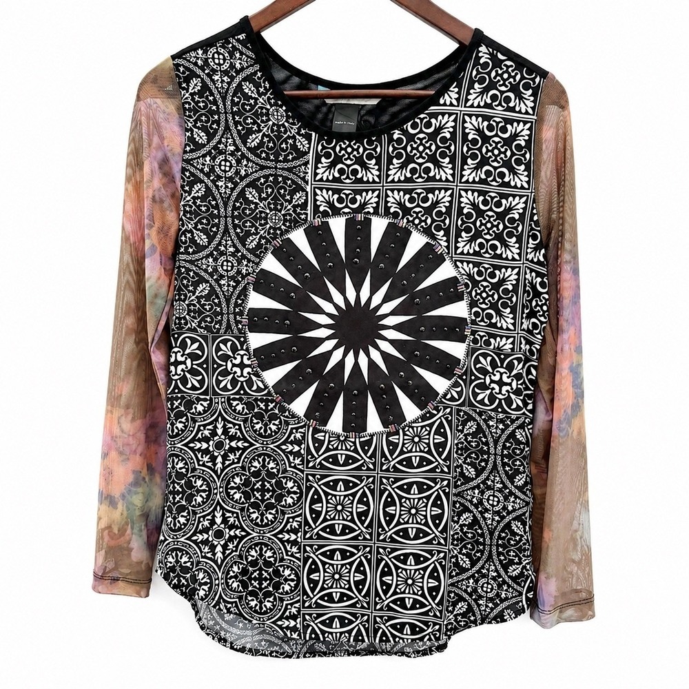 Desigual Women's Long Sleeve Geometric Print Top Sheer Floral Sleeves Size Small